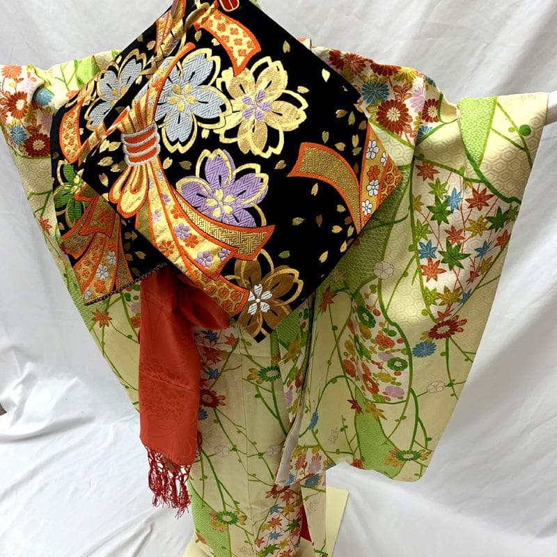 602ag24□七五三 七歳 女児 着物&袋帯 金彩 梅 楓 菊□美品