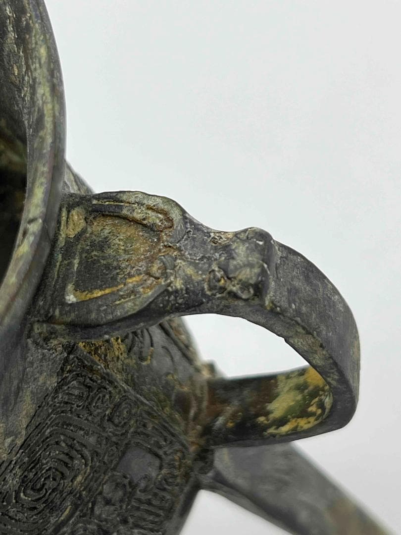 中国古美術　戦国から漢時代　青銅　ブロンズ　三足爵盃　酒具　極最工(C-72)