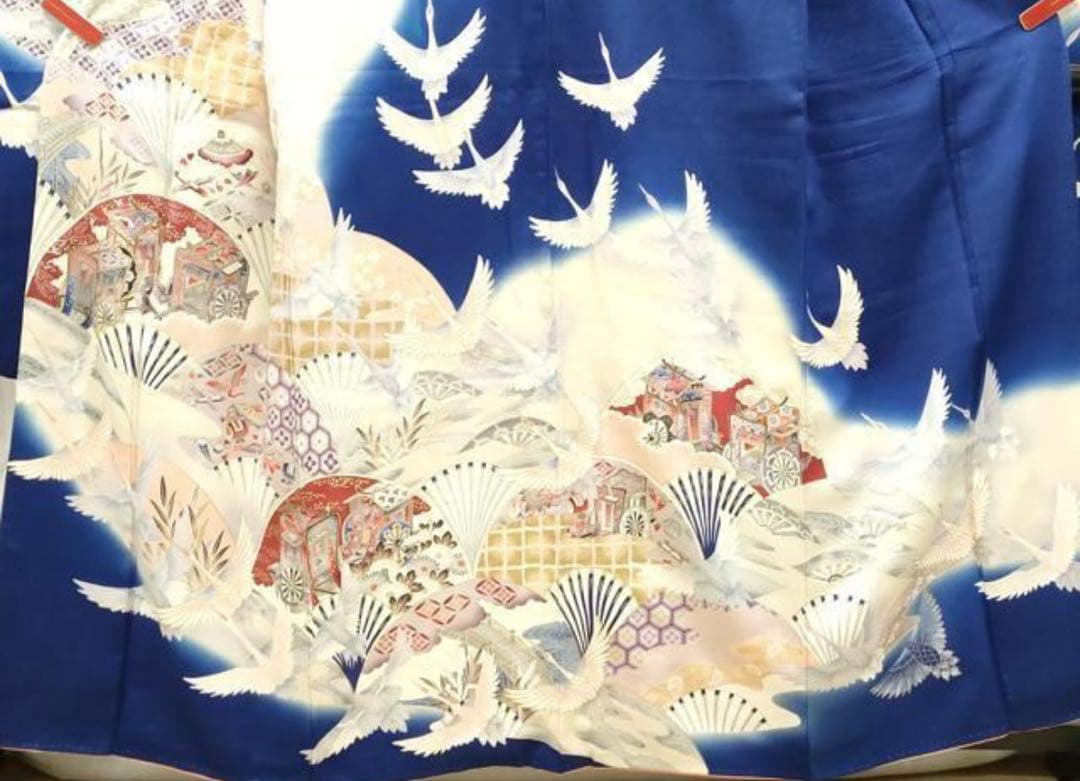 振袖フルセット6点サイズS〜M 駒刺繍　御所車飛鶴花文　暈し染め　金彩　正絹