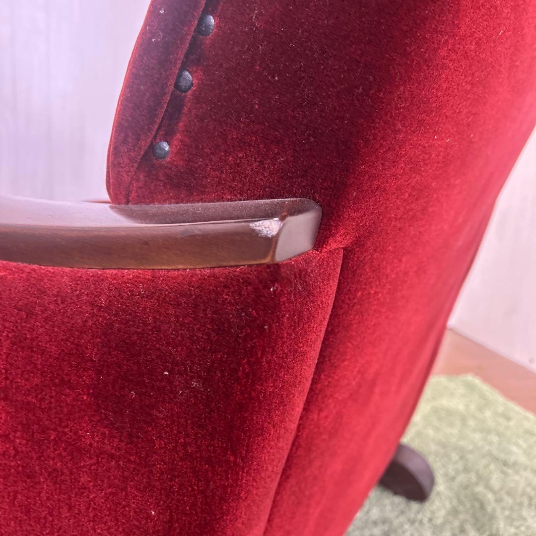 ②昭和レトロ 古家具 一人掛けベロアソファー アームチェア ヴィンテージ 赤