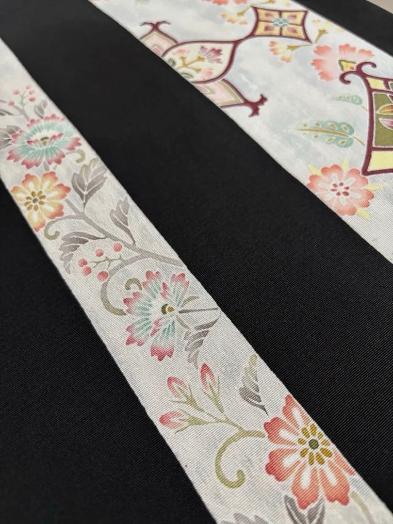 正絹 塩瀬 黒地 装飾華文 九寸名古屋帯 極美品