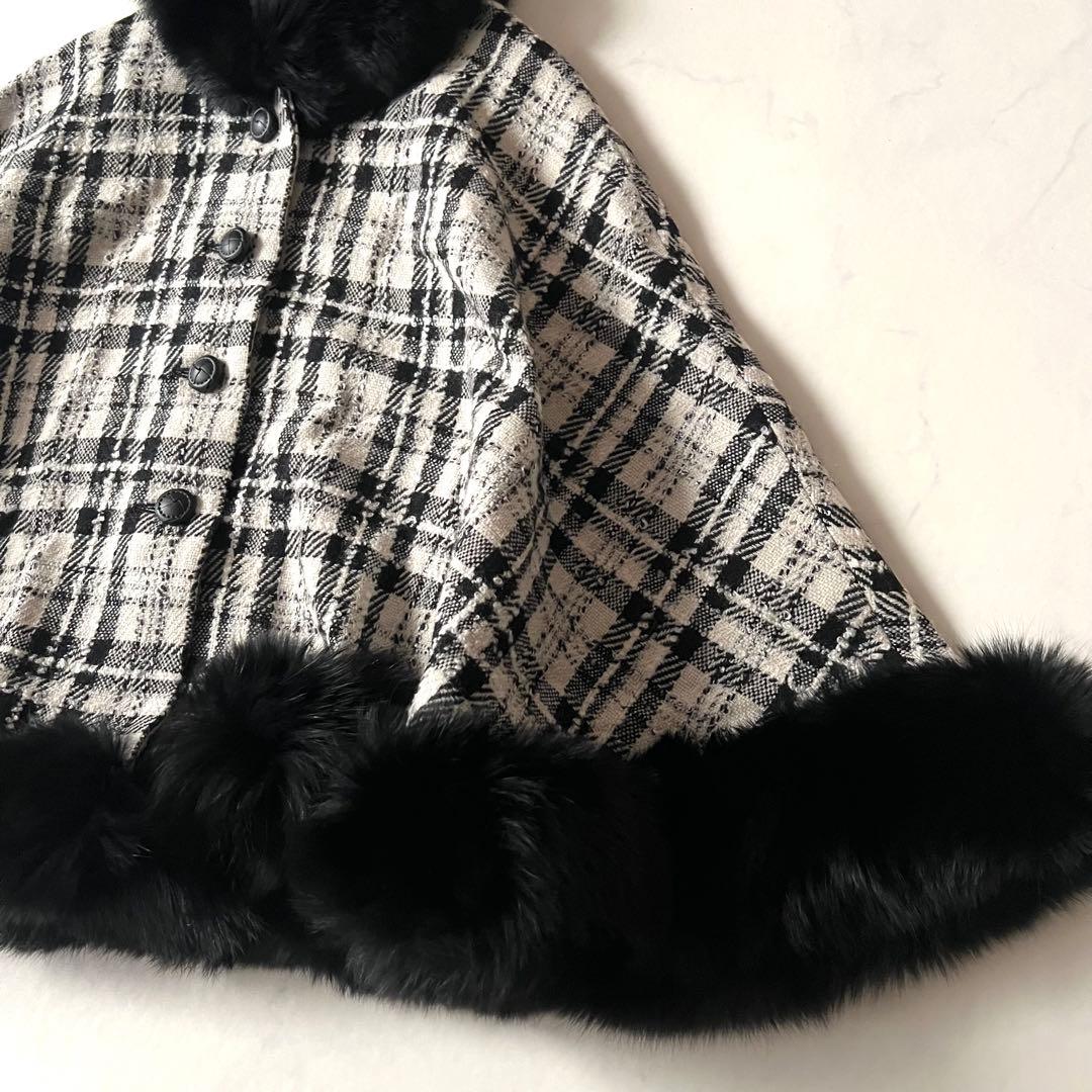 美品 Rene フォックスファー ポンチョ コート ツイード チェック 36毛皮