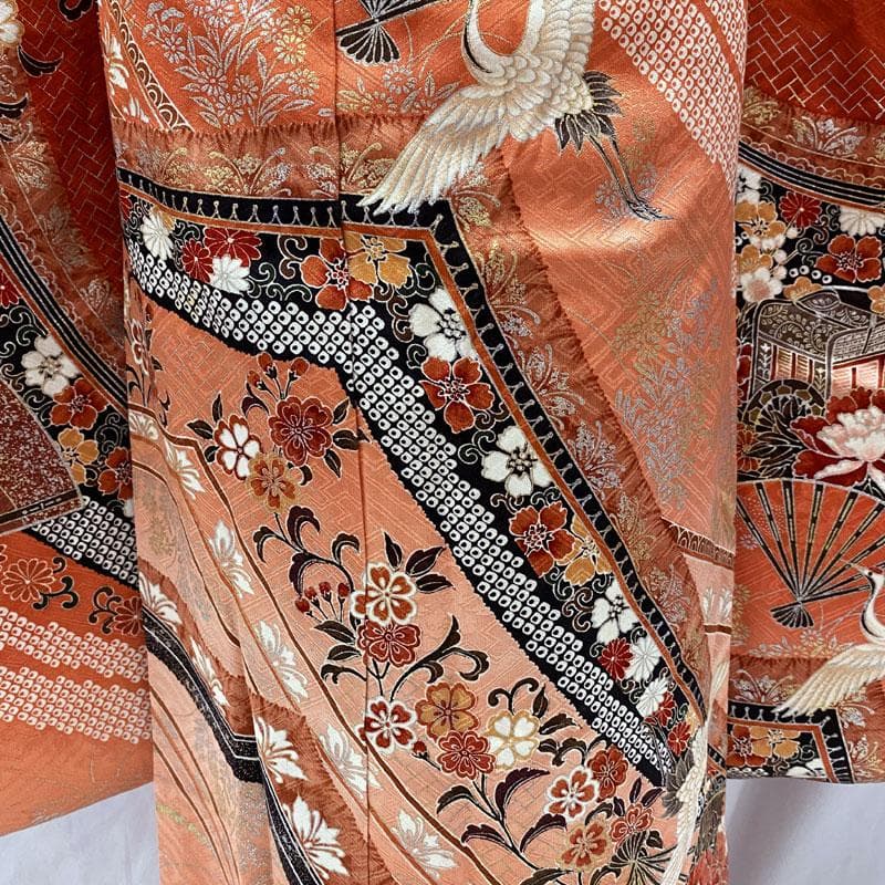 510ag38◎七五三 七歳 女児 着物&袋帯&長襦袢 総柄 金銀彩 鶴扇◎美品