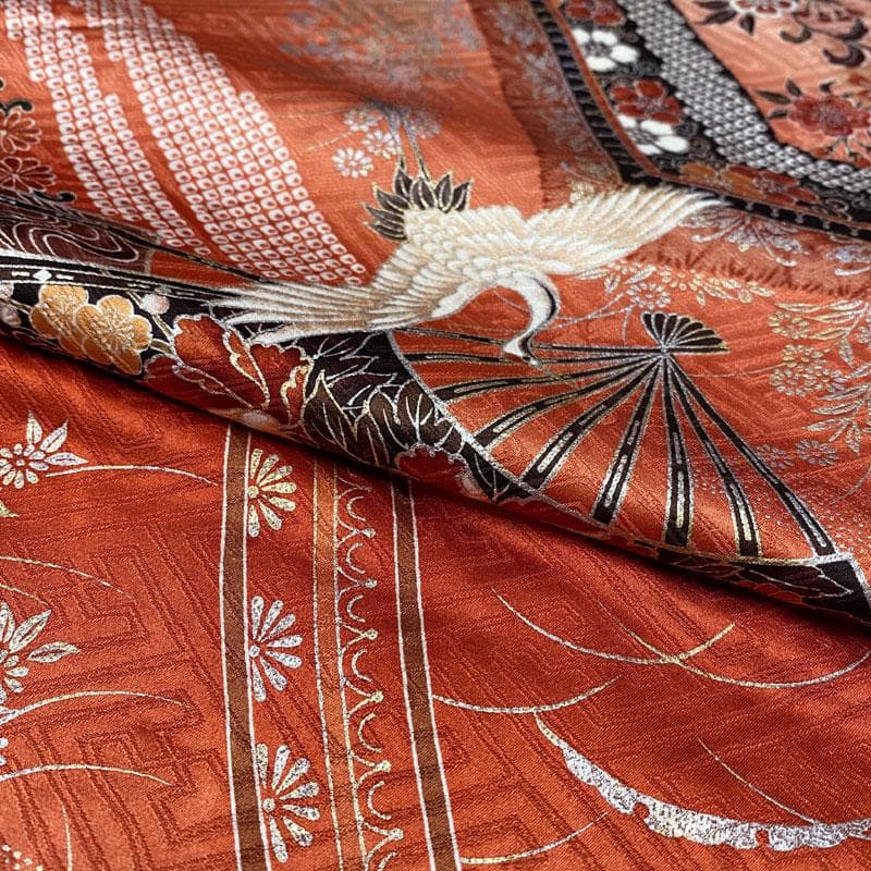 510ag38◎七五三 七歳 女児 着物&袋帯&長襦袢 総柄 金銀彩 鶴扇◎美品