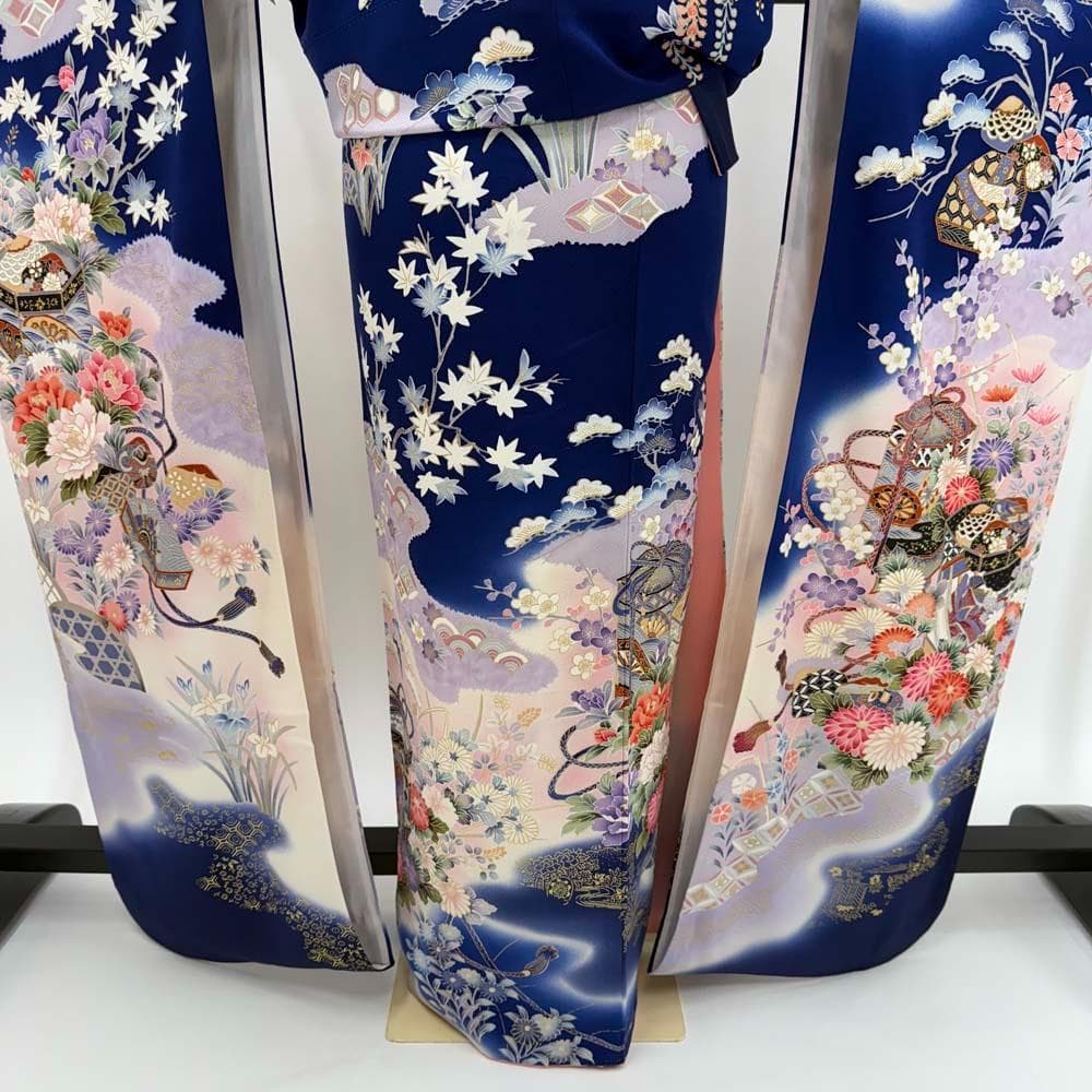 振袖 正絹 青 白 古典花柄 裄70㎝ 成人式 中古 b-66