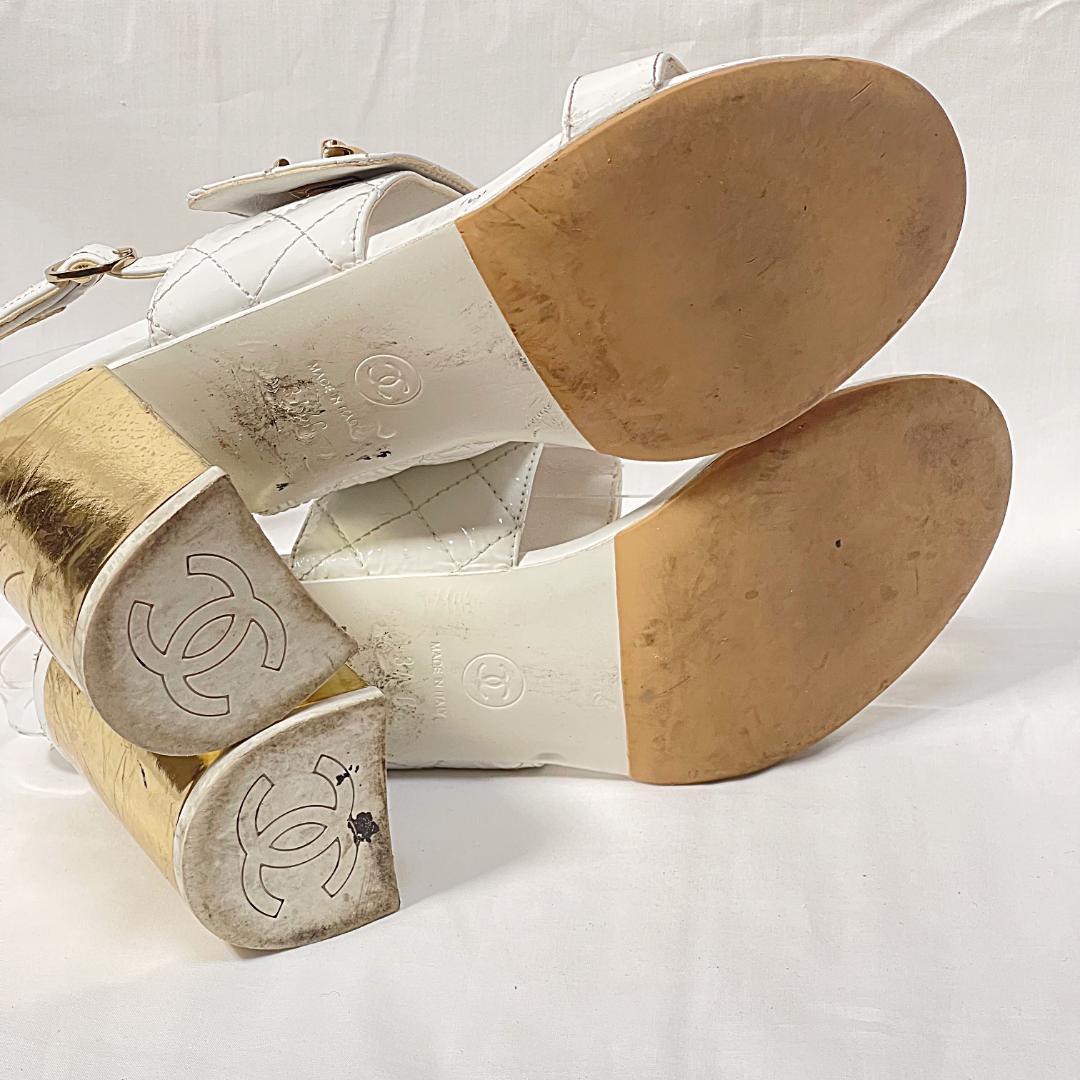 CHANEL シャネル パテント ココマーク サンダル ホワイト 37 1/2