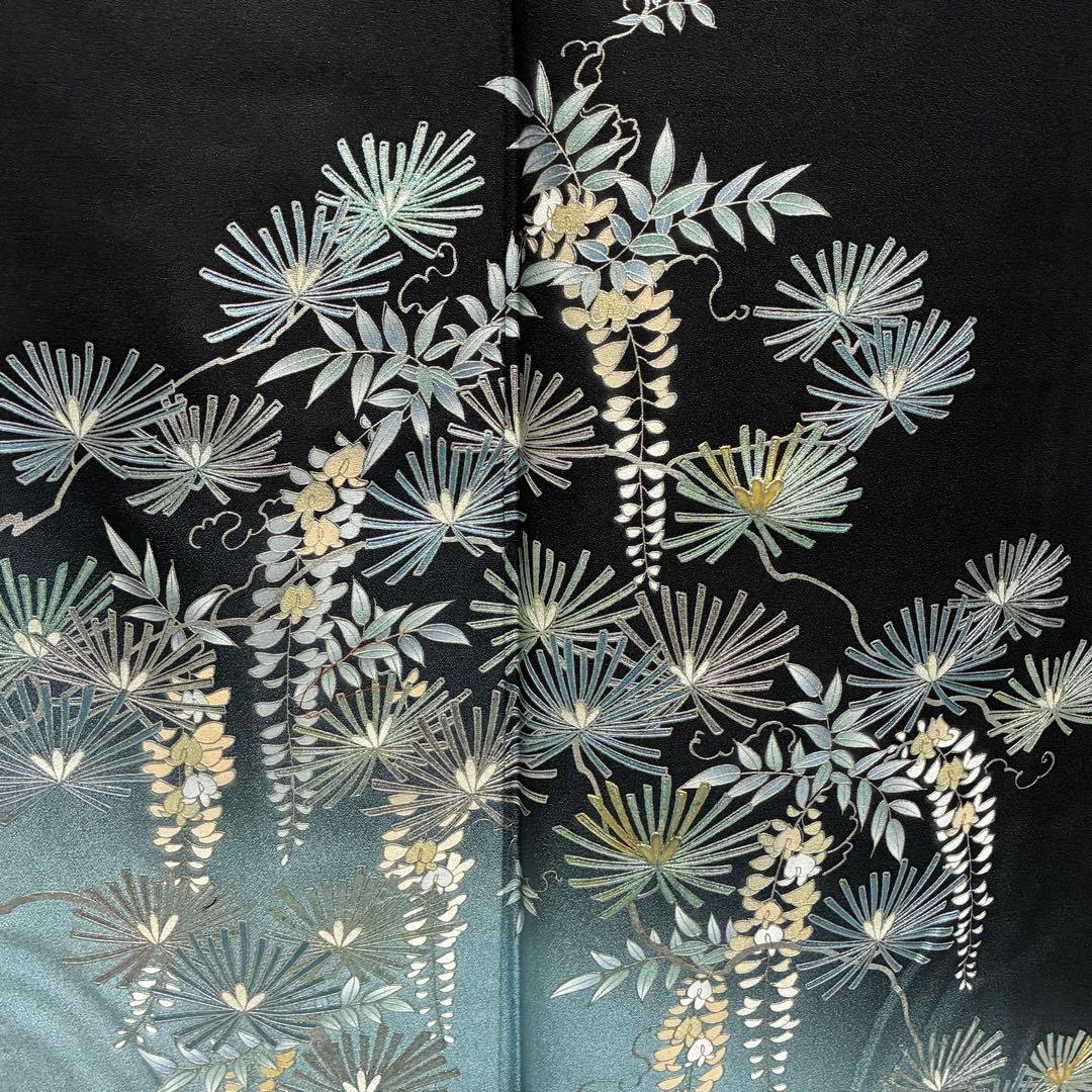 お値下げ済み D46 訪問着 藤の花 黒地 正絹 着物 袷 しつけ糸未使用極美品
