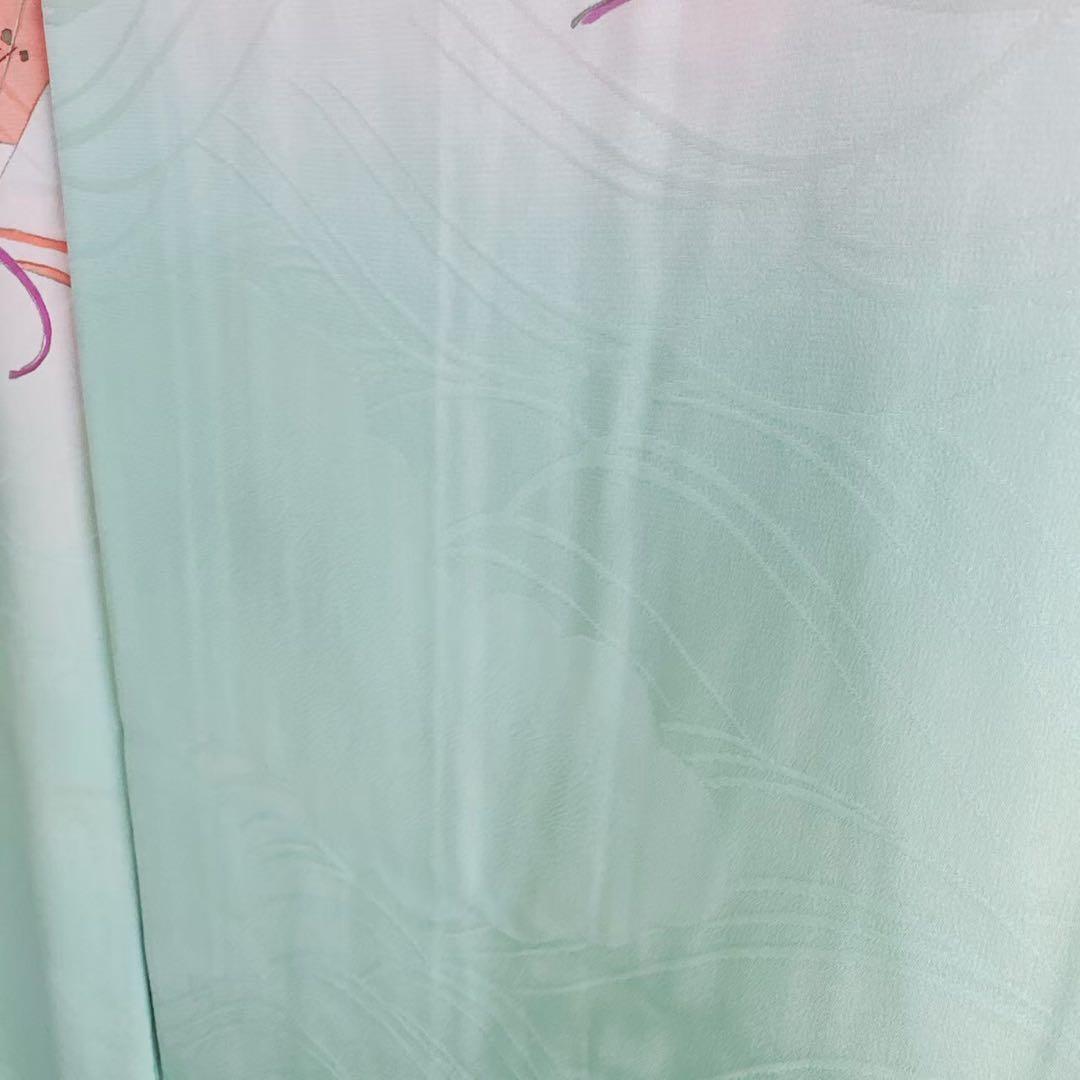 フルセット　七五三　７歳女の子　若草色　扇金糸　黒袋帯のし　半衿付長襦袢7075