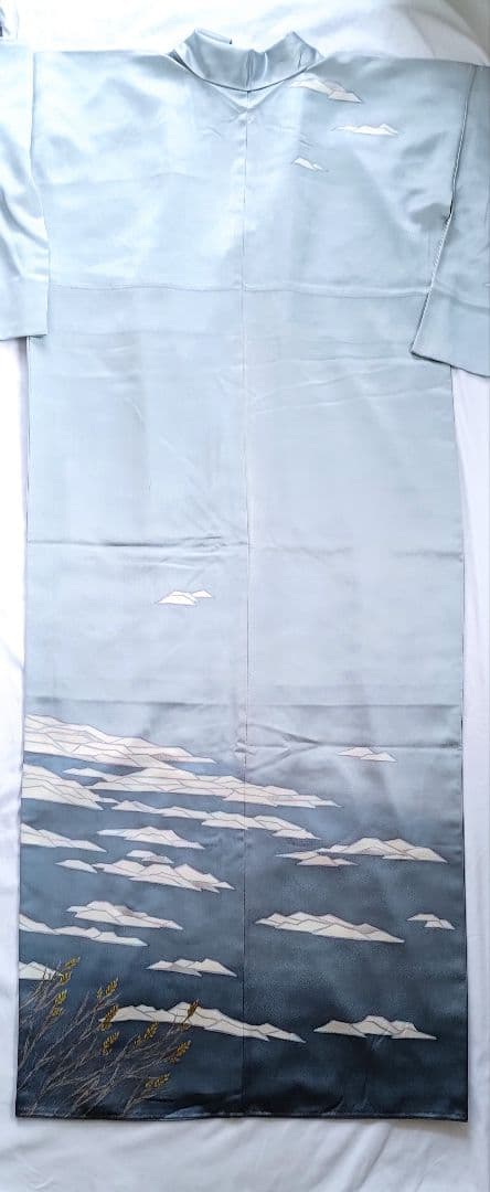 大人の着物海空柄雲水色紺色氷河青ネイビーブルー女袷着物グラデ付け下げ訪問着絵羽柄