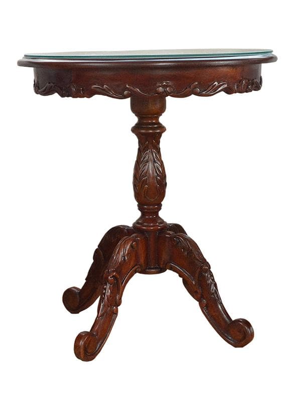 激安！　新品　マホガニー　円形　保護ガラス付　 花柄 　彫刻　猫脚　4本足