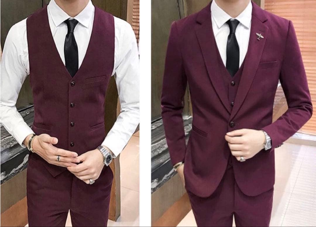 メンズ セットアップ スーツ ジャケット パンツ ベスト ジレ 紫　パープル