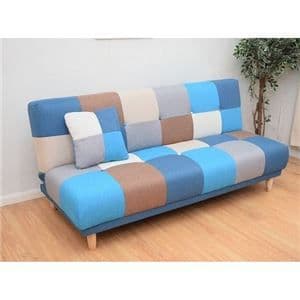 パッチワーク柄 ソファーベッド/ローソファー 【ブルー】 幅182cm 背もたれ