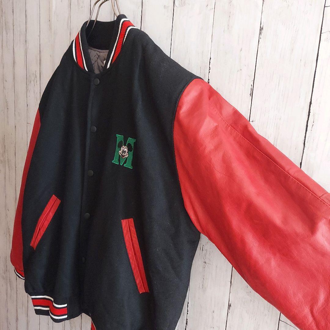 【DISNEY】ディズニー 背面ビッグ刺繍 袖レザー スタジャン M 黒