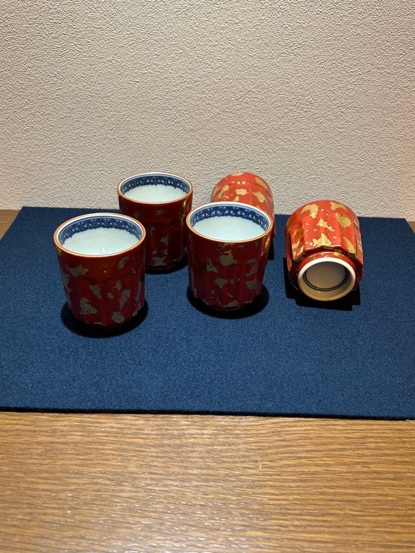 松谷窯/赤地金箔散 湯呑み五客