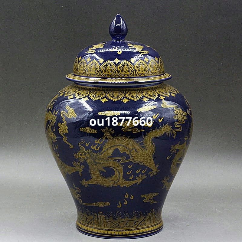 清乾隆宝石藍蒔金竜紋将軍缶 景徳鎮 陶磁器 装飾品 現代工芸品 美術品 置物
