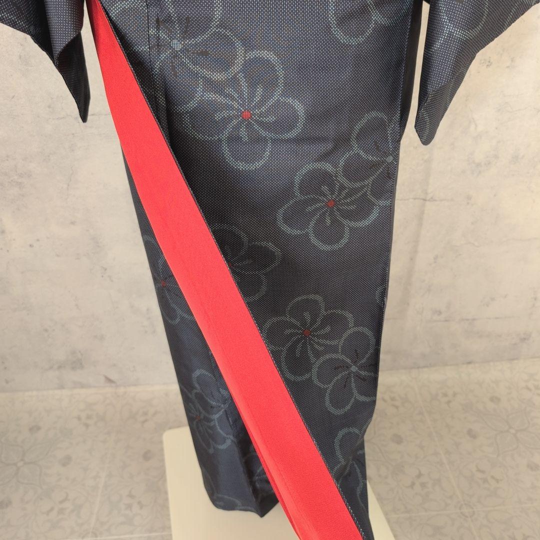 大島紬　フルセット　小紋　着物　正絹　花　帯梅　紺　着物備品　O7