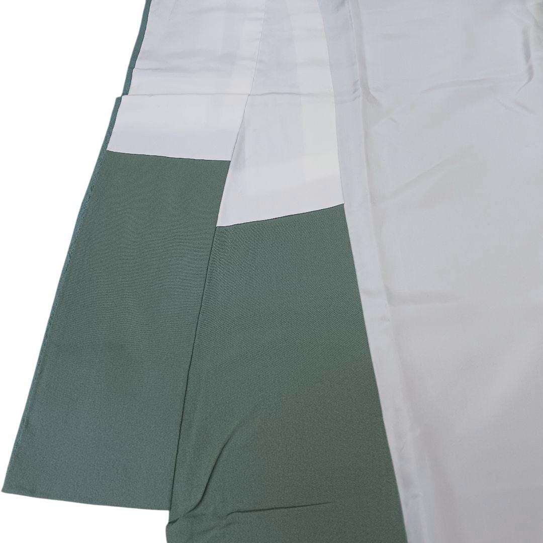 裄68.2、身丈158.3cm☆正絹　良家のちりめん訪問着　青磁色に扇面と梅