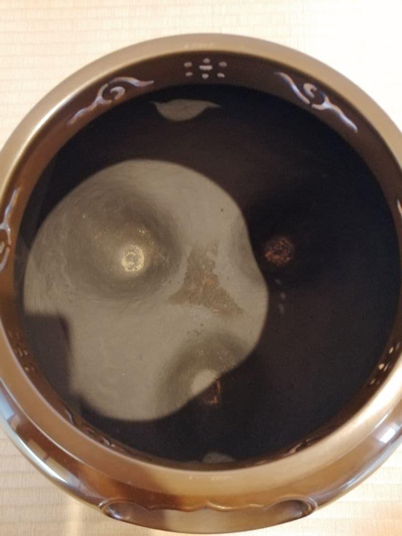 【茶道具】畠春斎 一ノ瀬宗辰造　唐銅鬼面風炉撫肩平丸釜添　茶釜　釜396