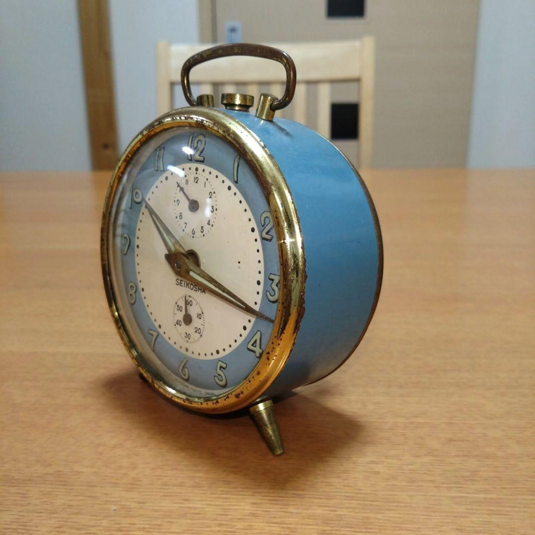 ◆昭和レトロ◆時代物◆ビンテージ◆精工舎◆目覚まし時計◆ゼンマイ式◆水色と金色