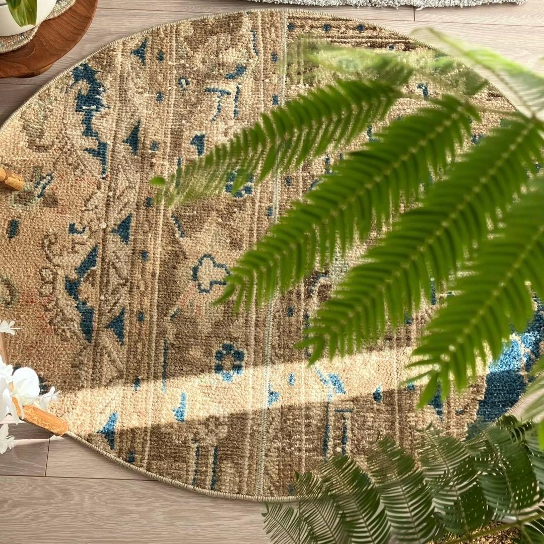 75×88✳︎楕円ラウンド　ブラウン　ブルー　パッチワーク　トルコヴィンテージラグ