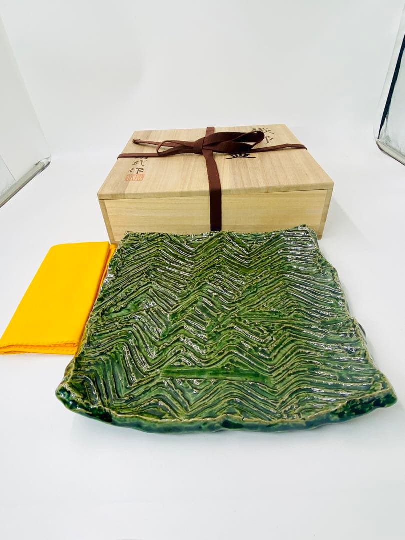 【翔武窯】織部　四方皿　道場六三郎デザイン　角皿　桐共箱　美品　限定　27.5㎝