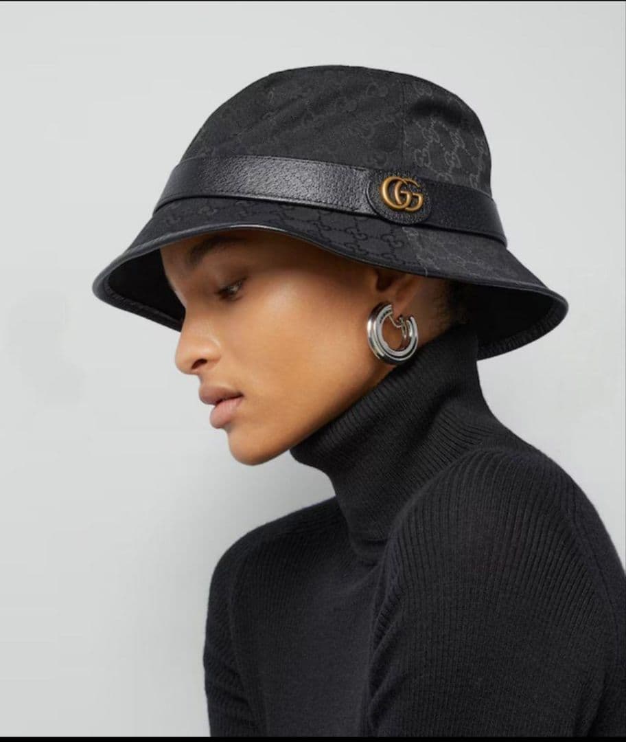 美品✨GUCCI バケットハット GGマーモント キャンバス レザー グッチ 黒