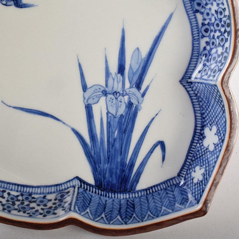 九谷焼　九谷寿楽窯　嶋田寿楽作　染付　菖蒲文　盛皿　共箱　V　R9055