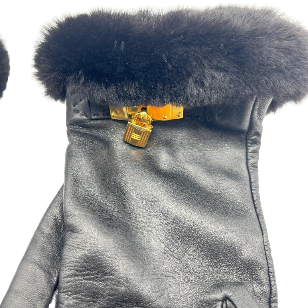 【白】HERMES ケリーグローブ ラムレザー ×ミンクファー　６1/2