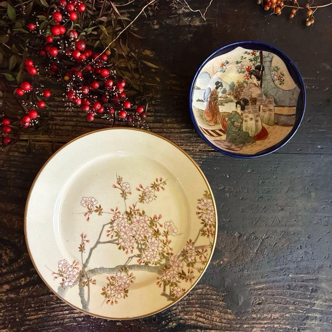 骨董　古薩摩　京薩摩　金光山　錦光山　瑠璃釉薬　精密美人画　茶碗　ボウル　１客