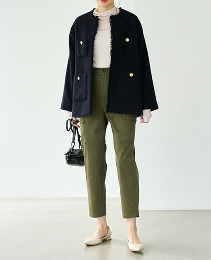 green label relaxing　金釦 ノーカラーツイードジャケット　紺