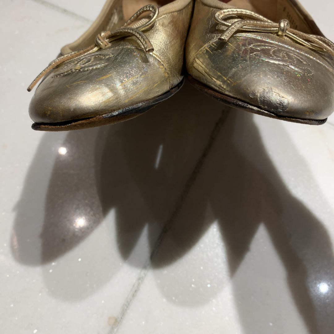 CHANEL シャネル バレエシューズ ゴールド CCロゴ フラット 24cm