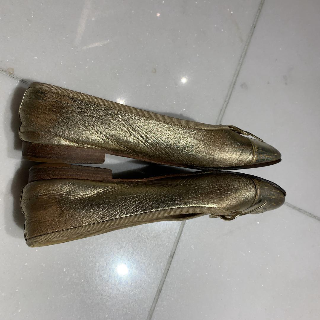 CHANEL シャネル バレエシューズ ゴールド CCロゴ フラット 24cm
