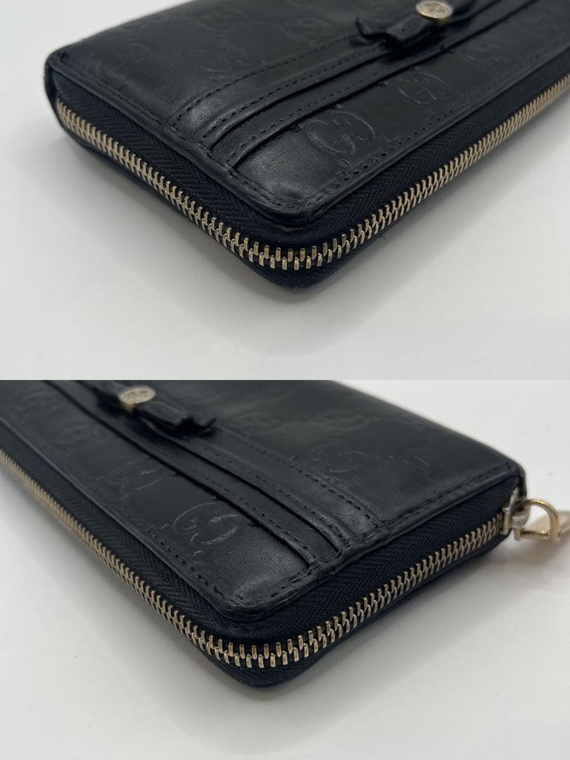 鑑定済　GUCCI グッチ ラウンドファスナー財布 GG リボン シマレザー