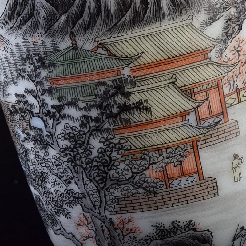 中国　居仁堂製款　山水人物文　盤口瓶　V　R9257