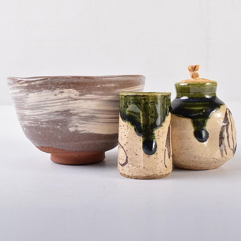 茶道具　利休茶箱　浅見与し三作　茶碗　織部焼　振出など　八点　一式　VR7984