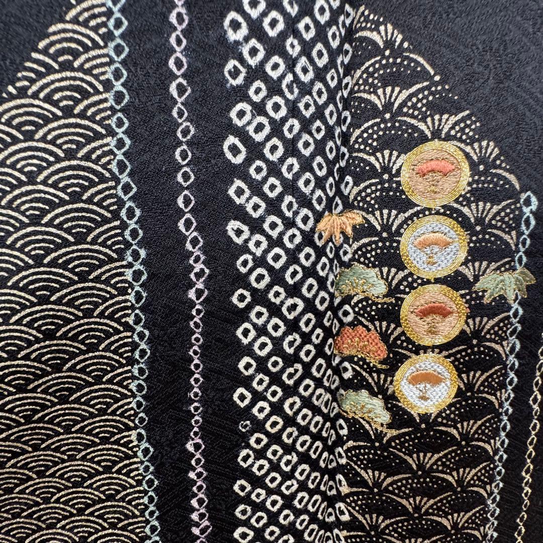 三松しつけ付き　正絹　袷　訪問着　付け下げ　着物　167裄67 刺繍　黒　絞り