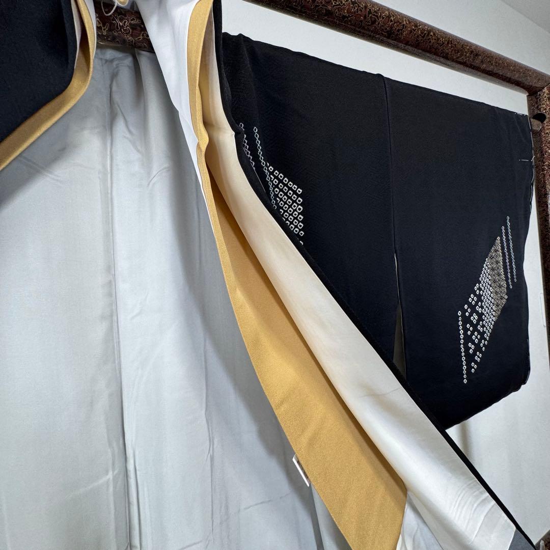 三松しつけ付き　正絹　袷　訪問着　付け下げ　着物　167裄67 刺繍　黒　絞り