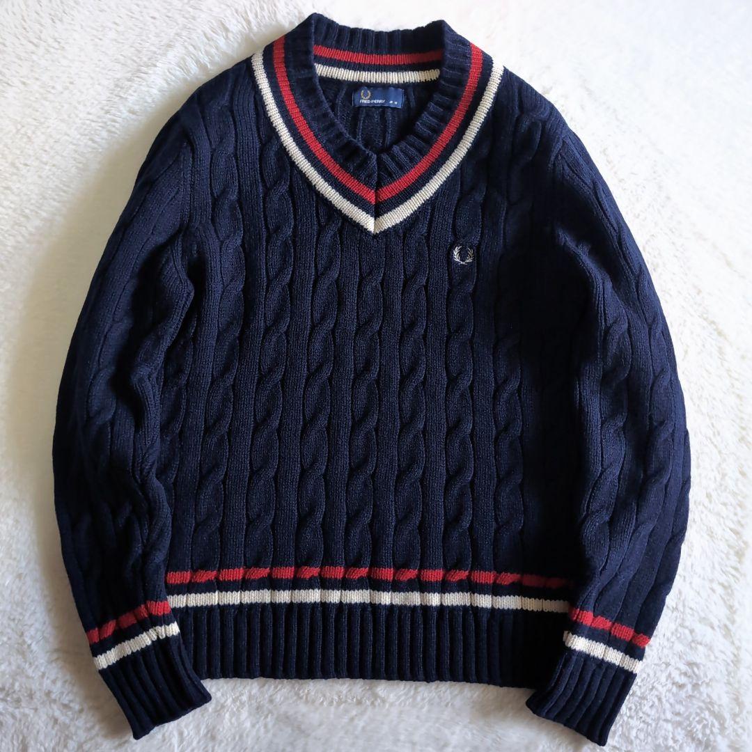 美品 フレッドペリー ウール ケーブル チルデンニット M ネイビー