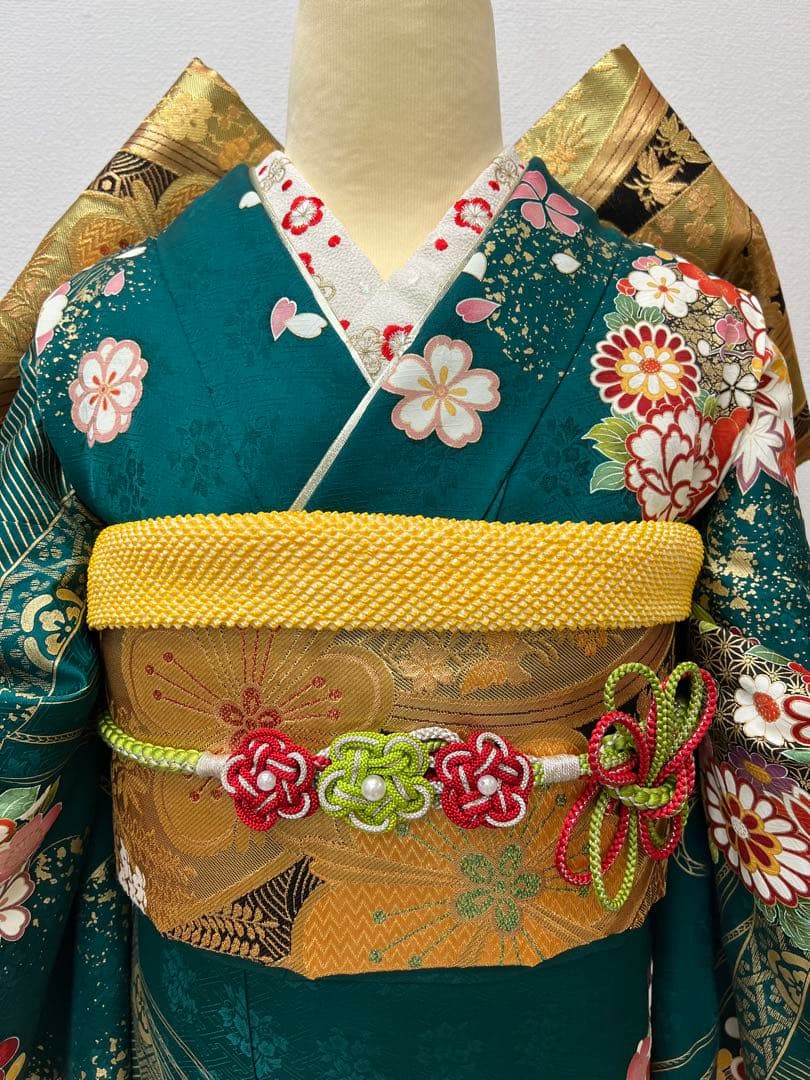 振り袖　フルセット　長襦袢付　成人式　グリーン　金彩加工　刺繍入り　744