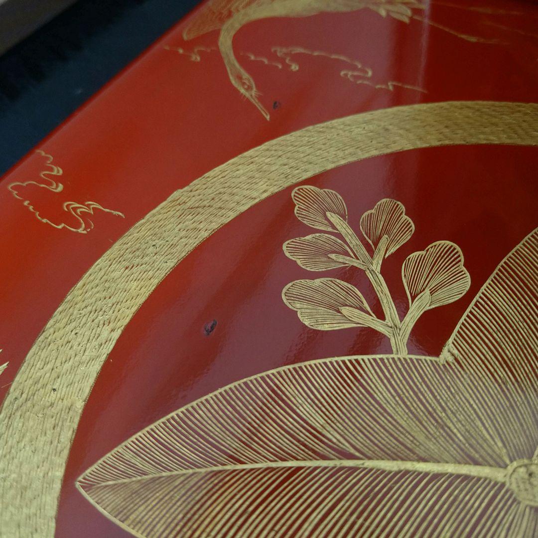 AG82 輪島塗 五段重 朱漆塗 沈金蒔絵 家紋 鶴図 厚塗り 角丸 替蓋 木箱