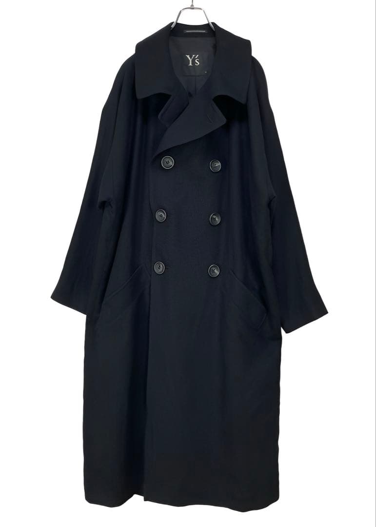 Y's ワイズ ウール ステンカラーコート 黒2