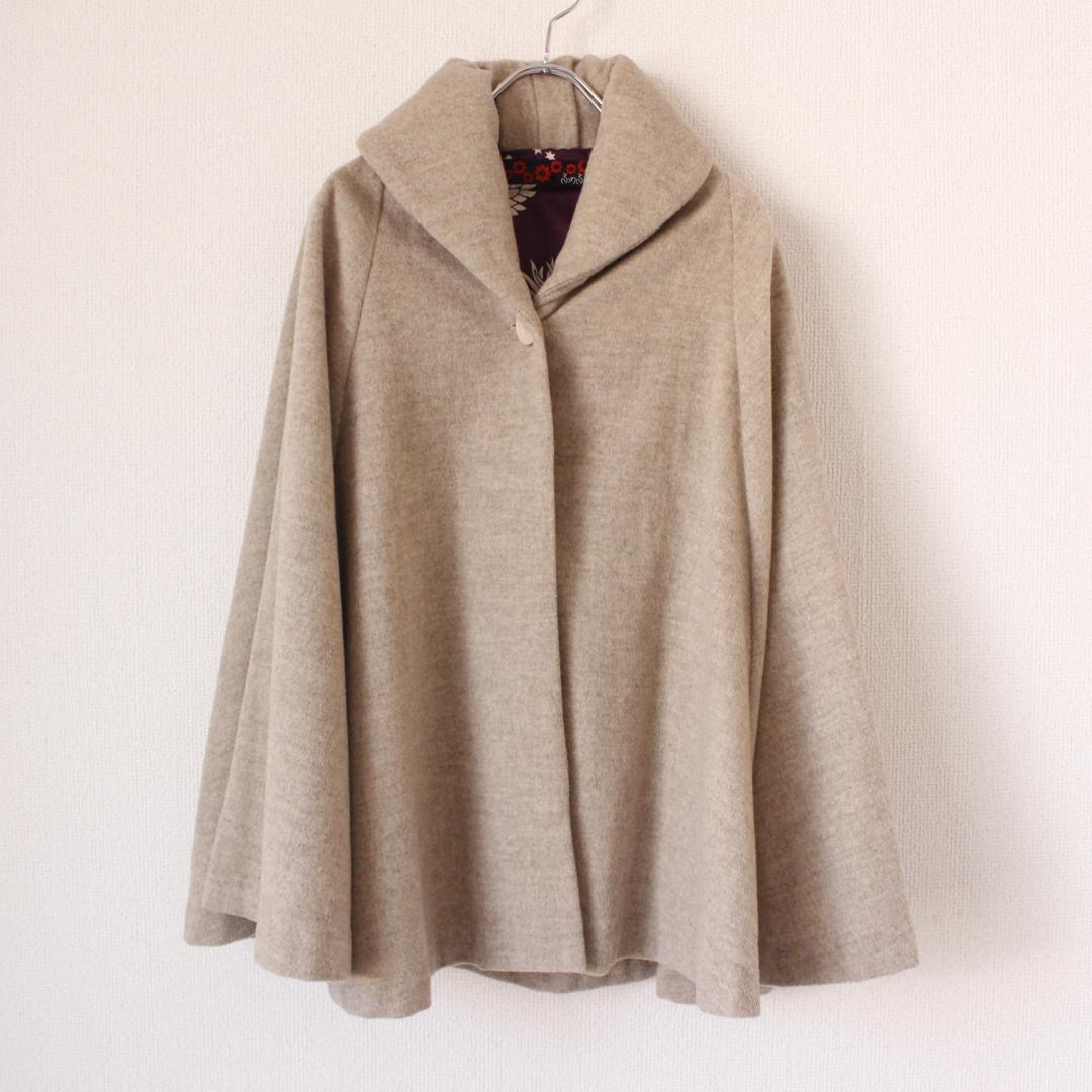 ふりふ 花柄ポンチョ Mサイズ ベージュ ウール 裏地花柄