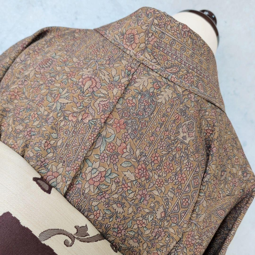 小紋付け下げ　フルセット　着物　正絹　ブラウン　深緑　更紗　花　しつけ糸　F6