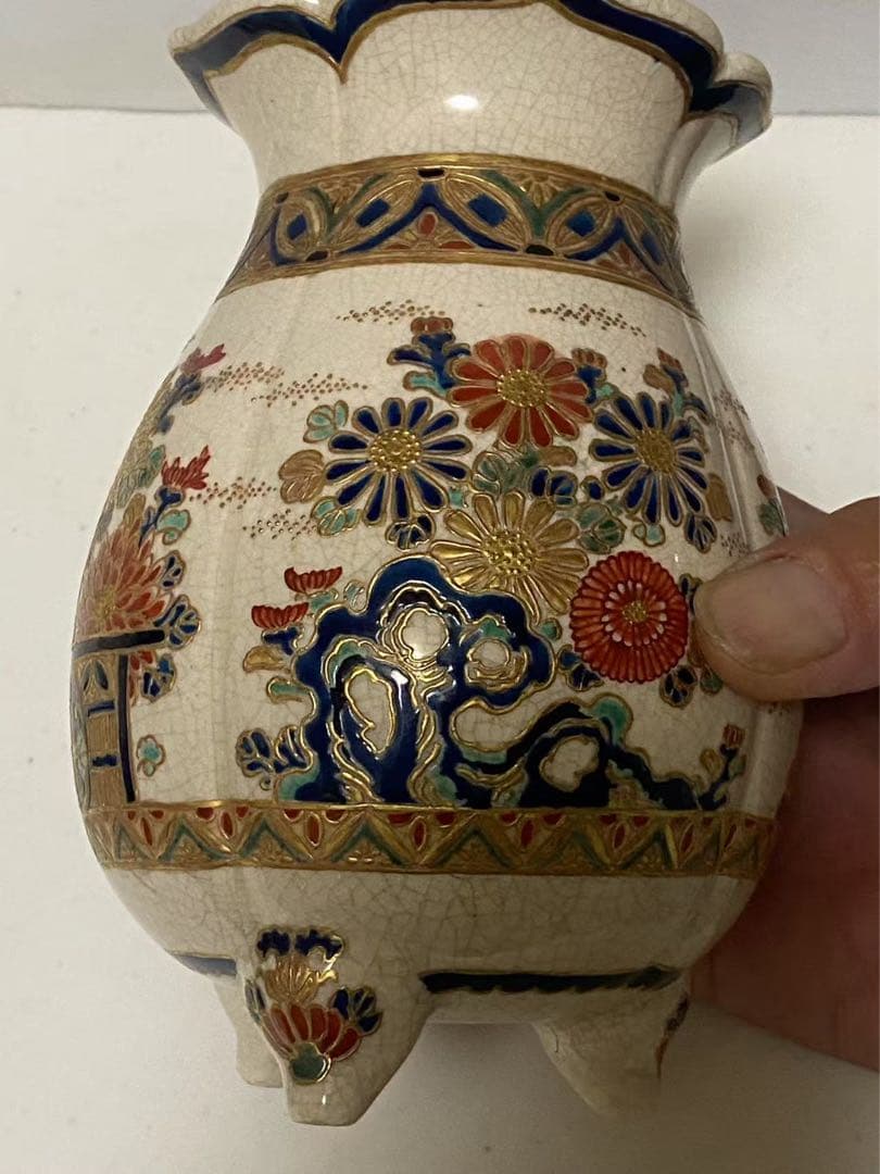 薩摩焼 丸十字薩摩 明治期 香爐 金彩花草文 金襴手