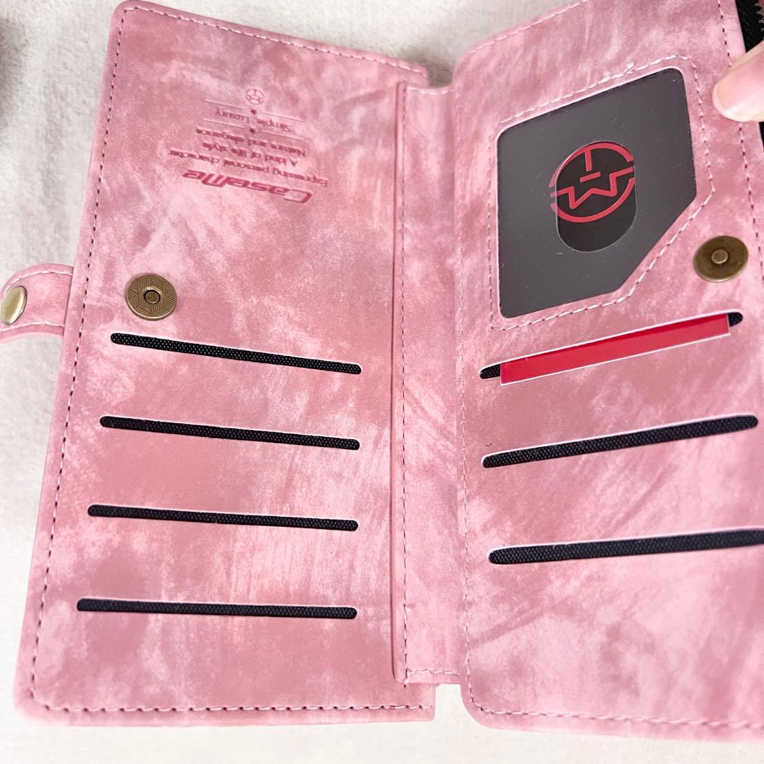 ジッパー付き iPhone 14 Plus ケース ピンク ウォレット 財布