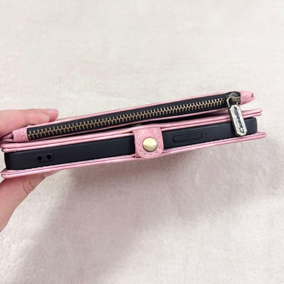 ジッパー付き iPhone 14 Plus ケース ピンク ウォレット 財布
