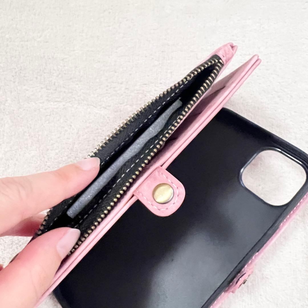 ジッパー付き iPhone 14 Plus ケース ピンク ウォレット 財布