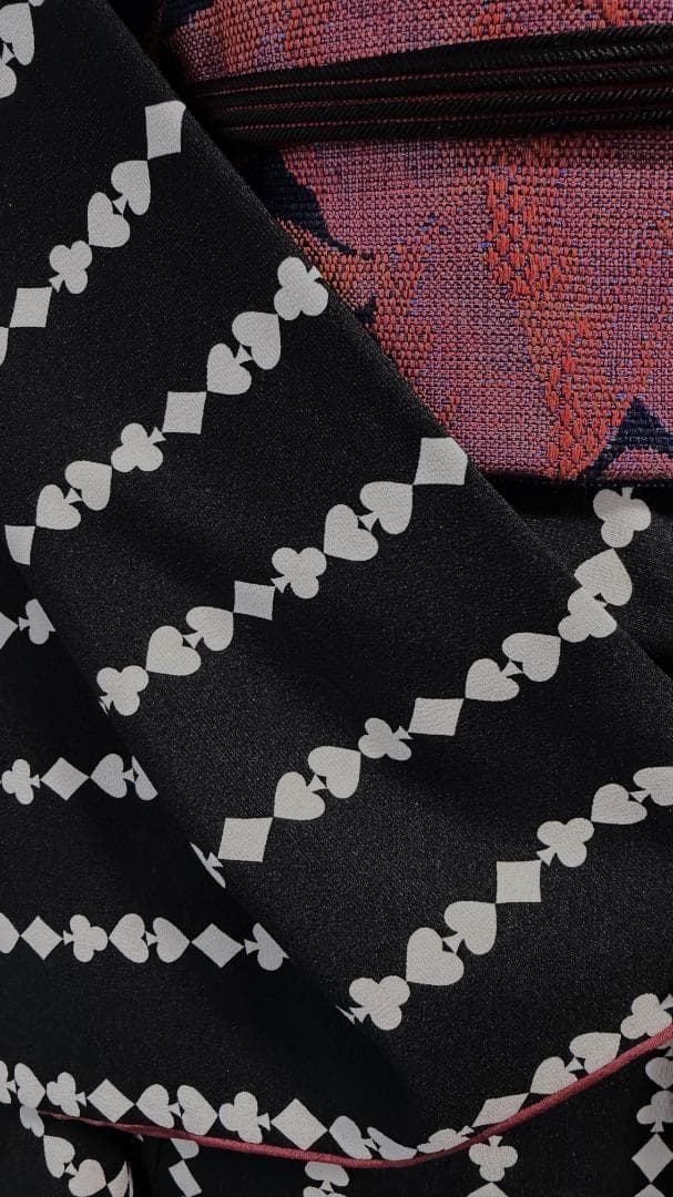 着物１２　ふりふ　いろはトランプストライプ柄袷着物　黒　身丈１６５裄丈６９