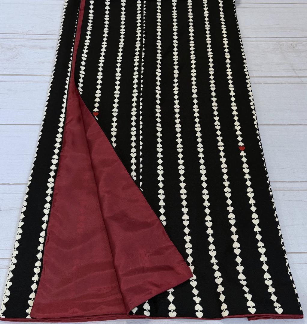 着物１２　ふりふ　いろはトランプストライプ柄袷着物　黒　身丈１６５裄丈６９