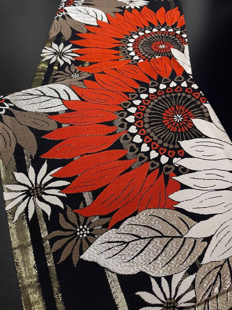 お仕立て付き【西陣織袋帯◆大輪の花】黒 赤 白 銀 金